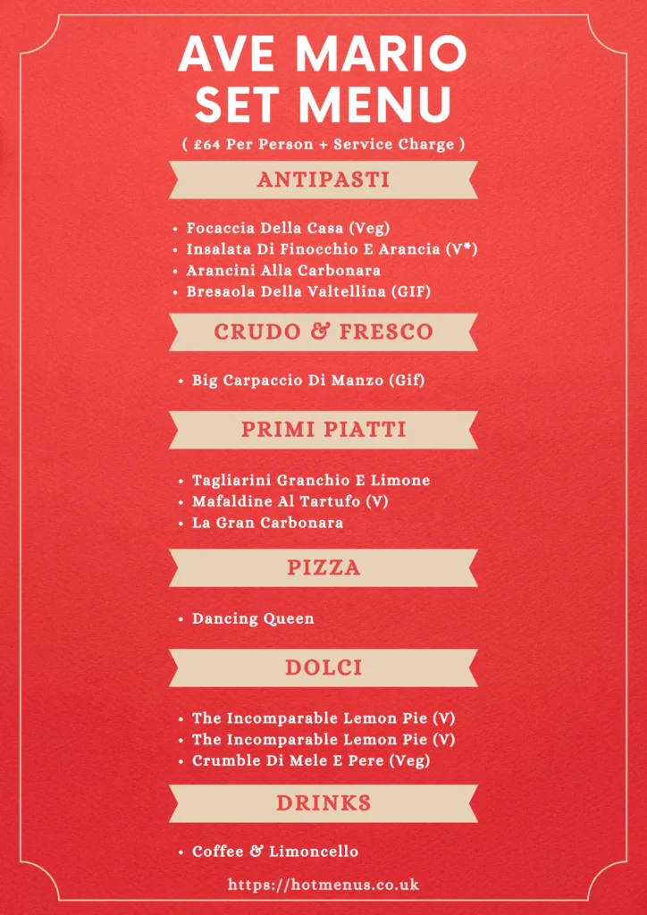 Ave Mario Menu 2025 | Italian Restaurant In Covent Garden