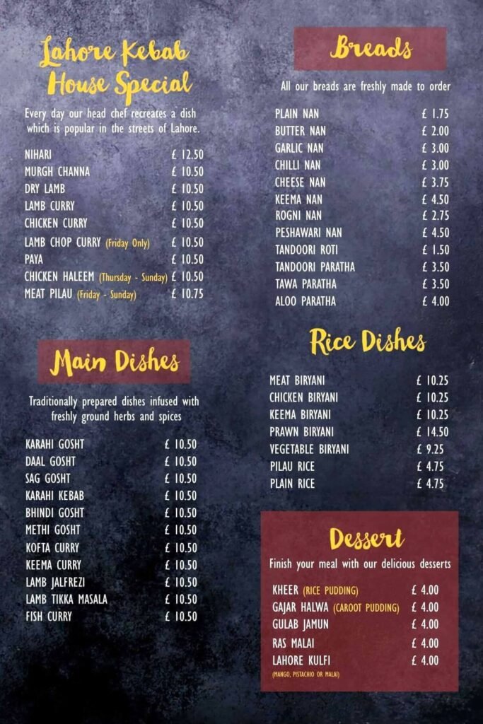 Lahore Kebab House Menu With Prices